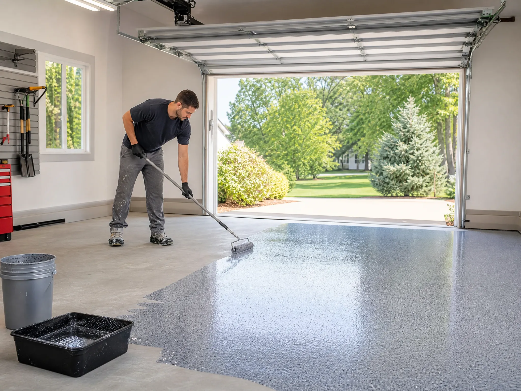 Someone applies J&P Coatings gray floor finish in a bright garage, with supplies ready and a sunny yard outside.