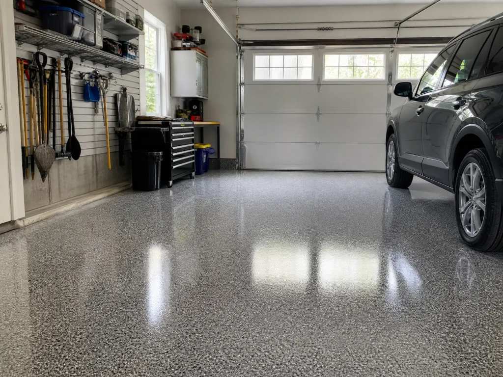 J&P Coatings shows a neat garage with their strong epoxy floor and organized space, looking bright and ready to use.