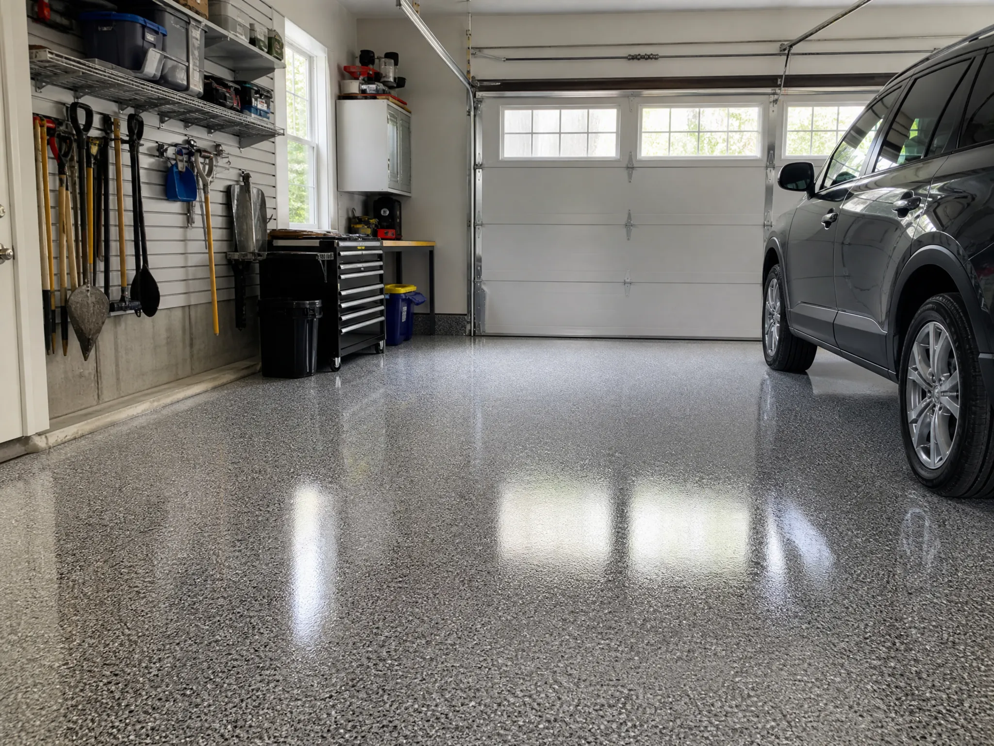 J&P Coatings shows a neat garage with their strong epoxy floor and organized space, looking bright and ready to use.