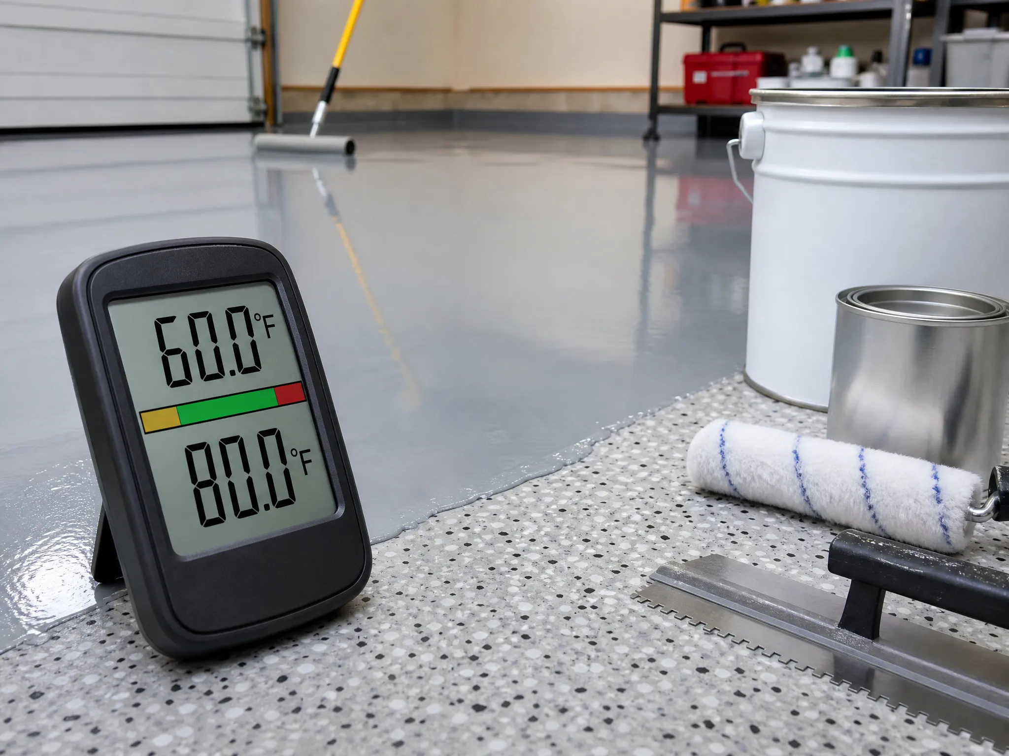 J&P Coatings garage floor is being painted with epoxy in good temperatures, showing a shiny finish and painting tools nearby.