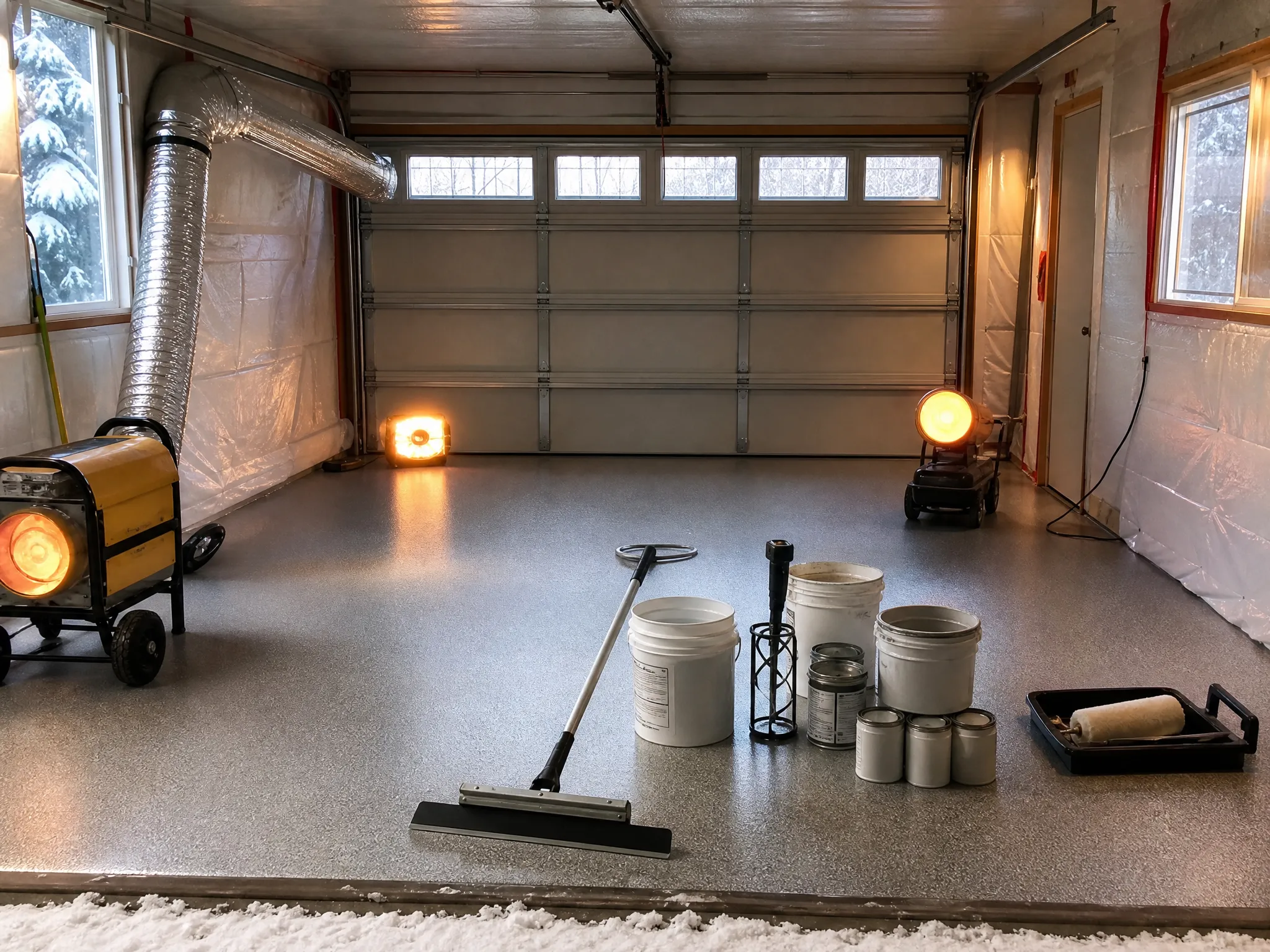 J&P Coatings creates a neat garage, ready for painting, with supplies set up and snow visible just outside.