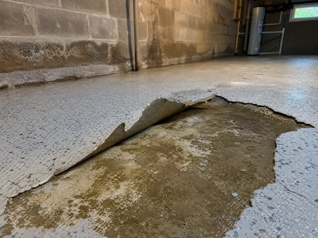 This basement by J&P Coatings shows moisture issues, damaged paint, and wet areas that may need repair.