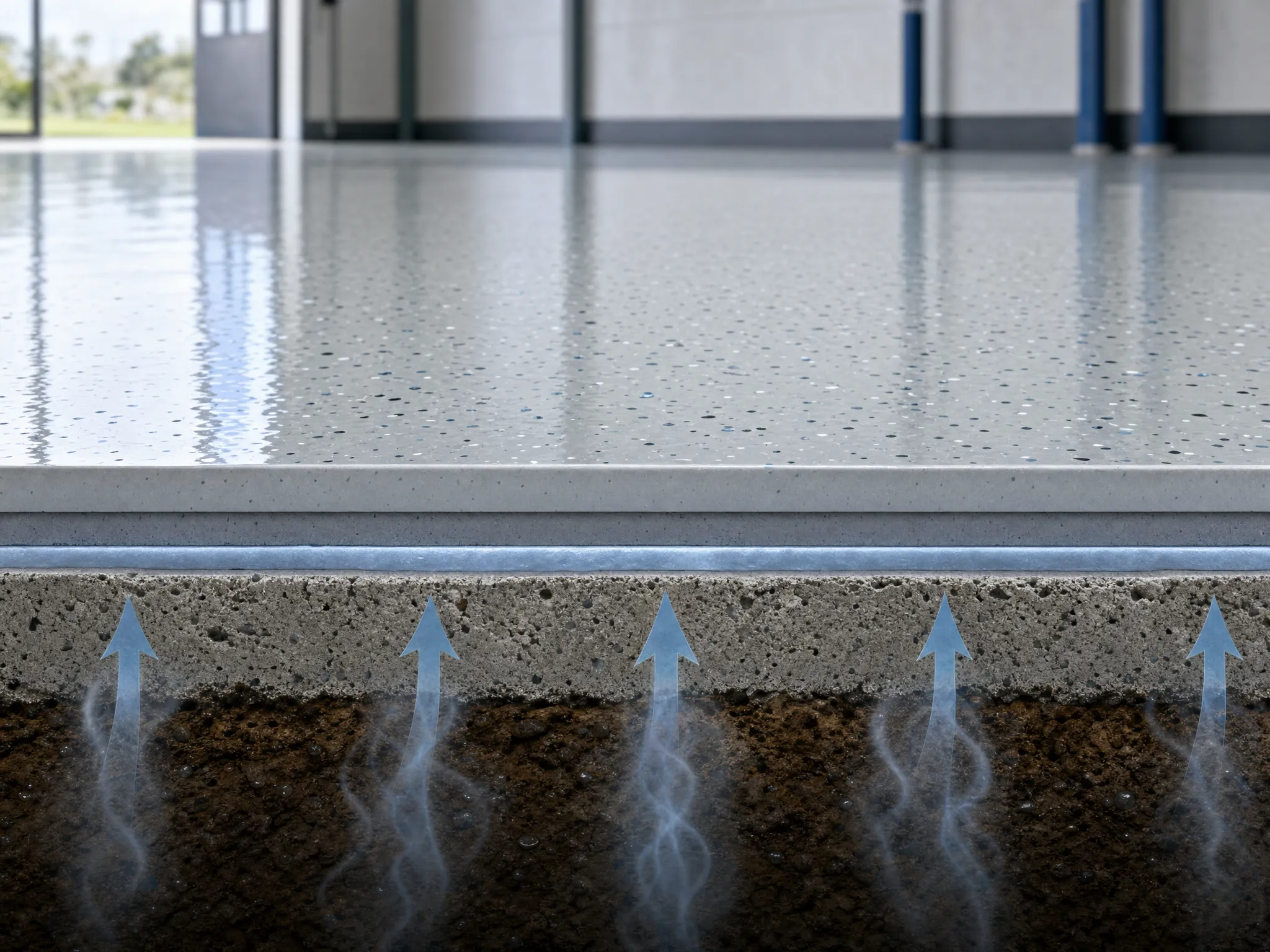 J&P Coatings shows how moisture can move up from the ground, through concrete floors, into indoor areas.
