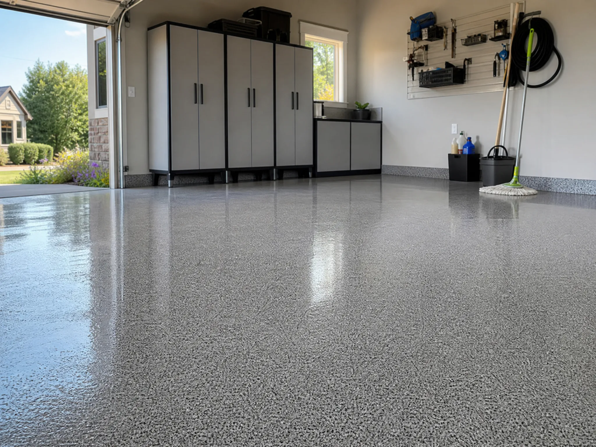J&P Coatings shows a bright, neat garage with a strong, clean epoxy floor that helps keep the space tidy and well-organized.