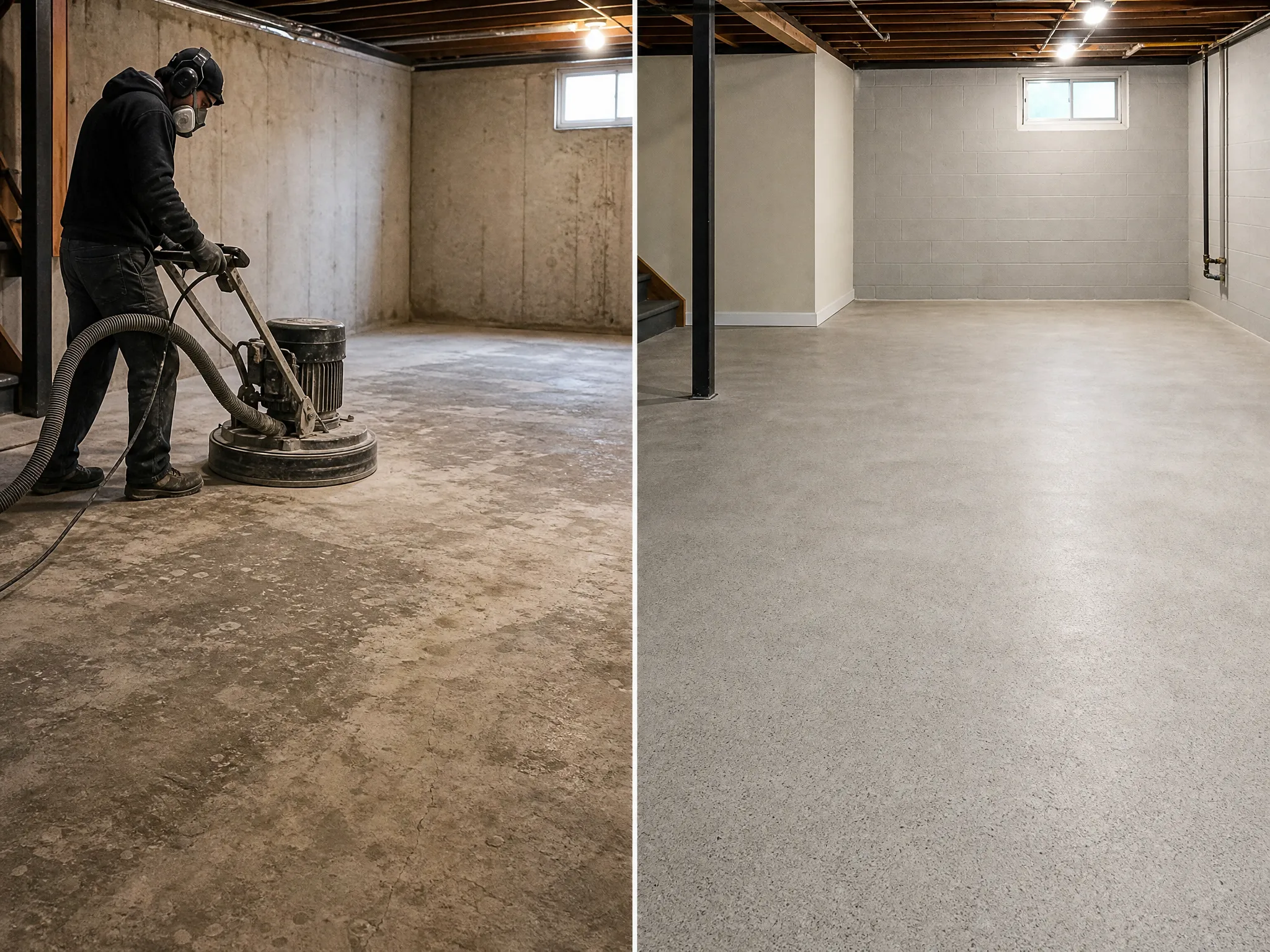 J&P Coatings turns a rough, unfinished basement floor into a clean, smooth, and finished space with painted walls.