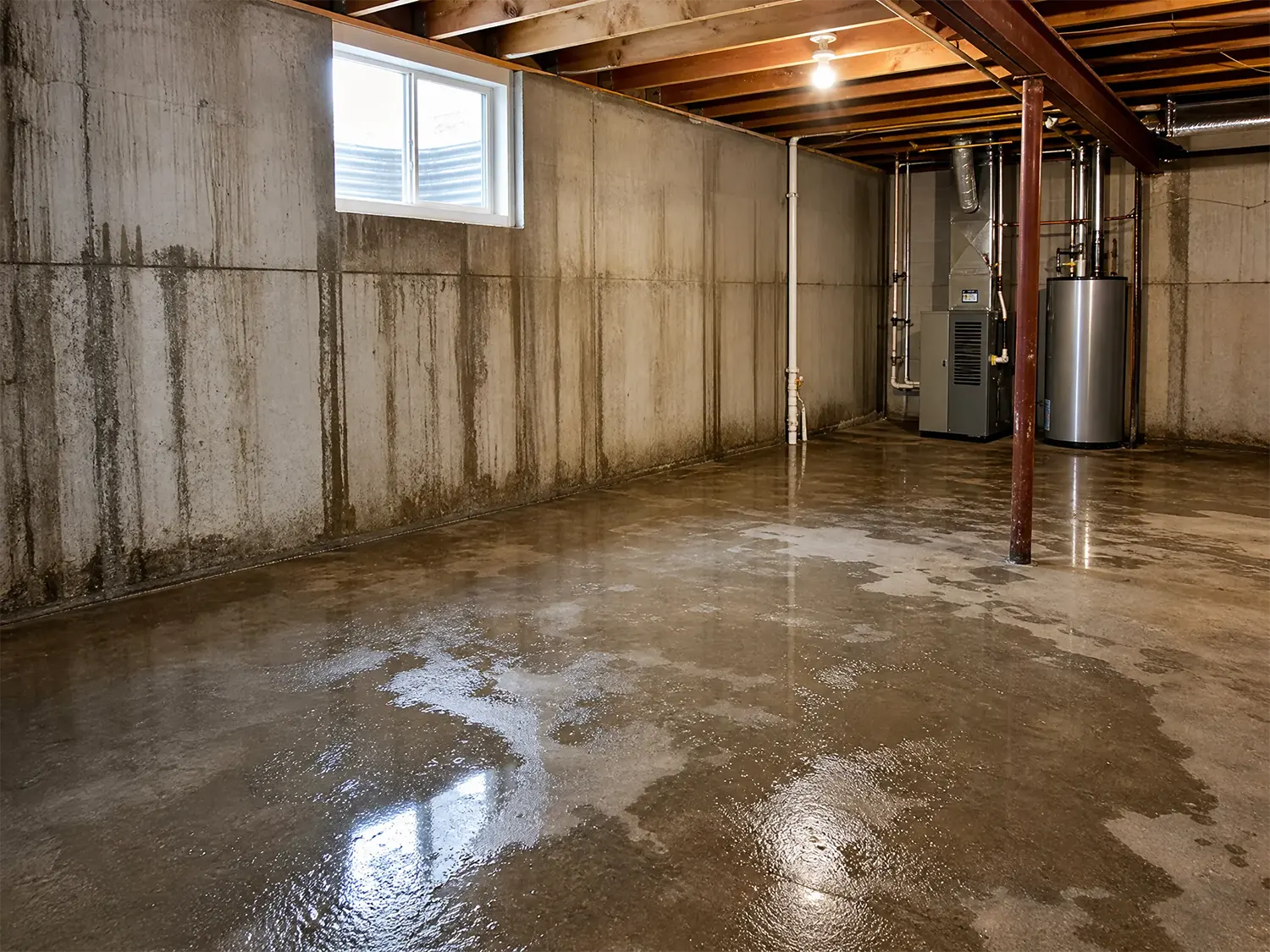 This wet, unfinished basement shows a need for J&P Coatings to help prevent water and moisture problems.