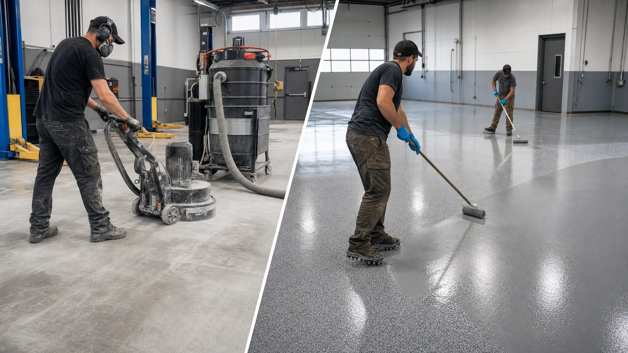 J&P Coatings workers apply a strong, smooth floor finish in a tidy garage, showing quality and safety on the job.