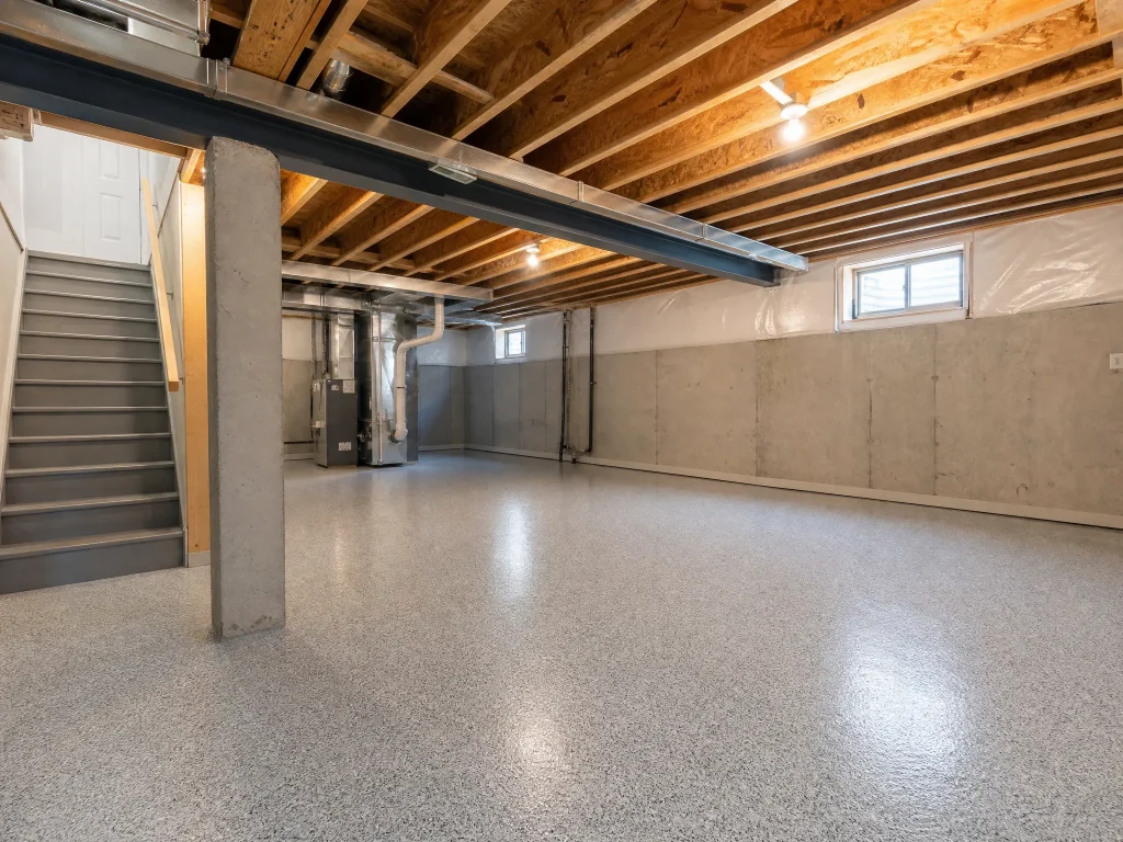 J&P Coatings shows an unfinished basement ready for renovation, with natural light entering through small basement windows.