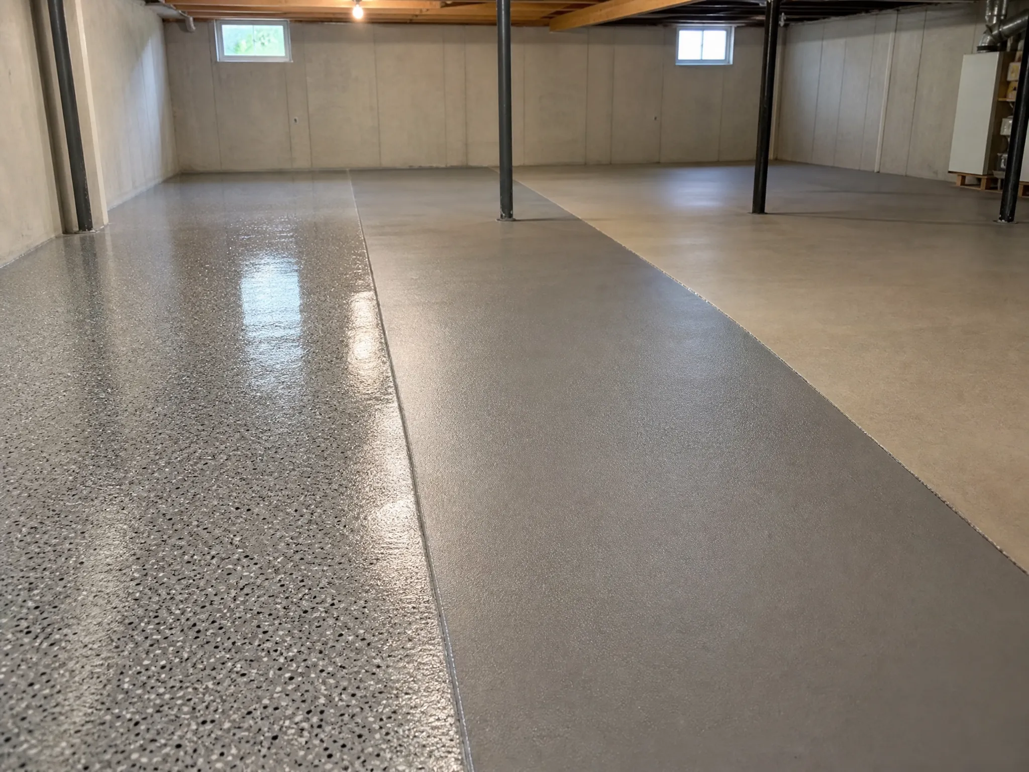 J&P Coatings shows how different floor finishes can change the look and feel of an unfinished basement.