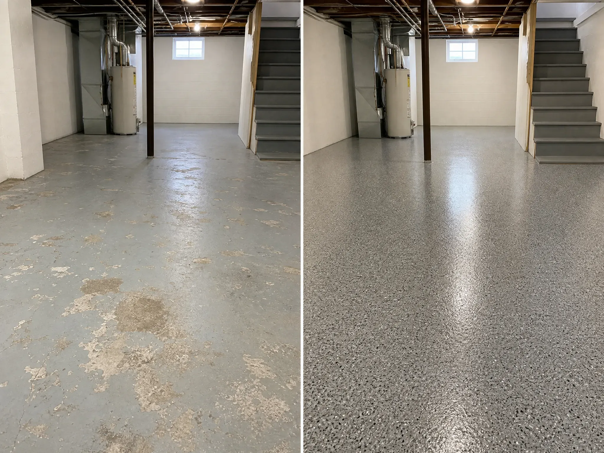 J&P Coatings basement floor before and after: old concrete compared to a smooth, fresh look using epoxy.