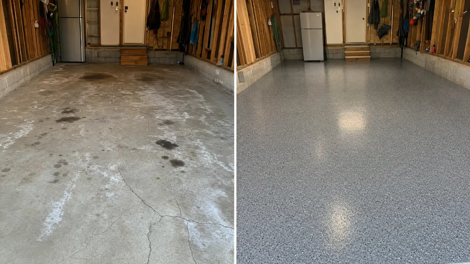 J&P Coatings shows how a worn garage floor can look new and clean after getting an epoxy coating.