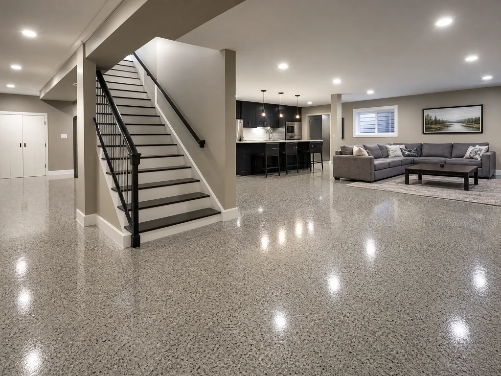 A cozy, finished basement by J&P Coatings shows a welcoming space for relaxing, gathering, and spending time together.