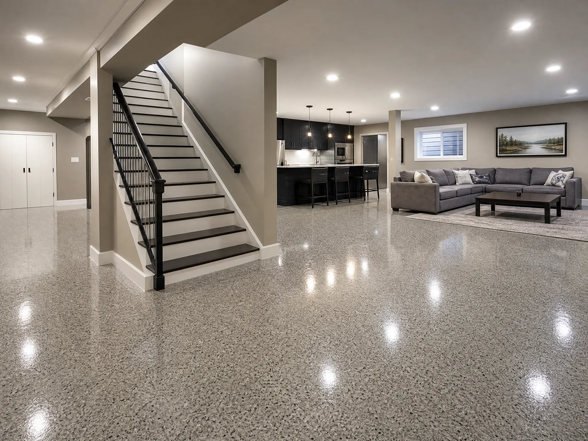 A cozy, finished basement by J&P Coatings shows a welcoming space for relaxing, gathering, and spending time together.