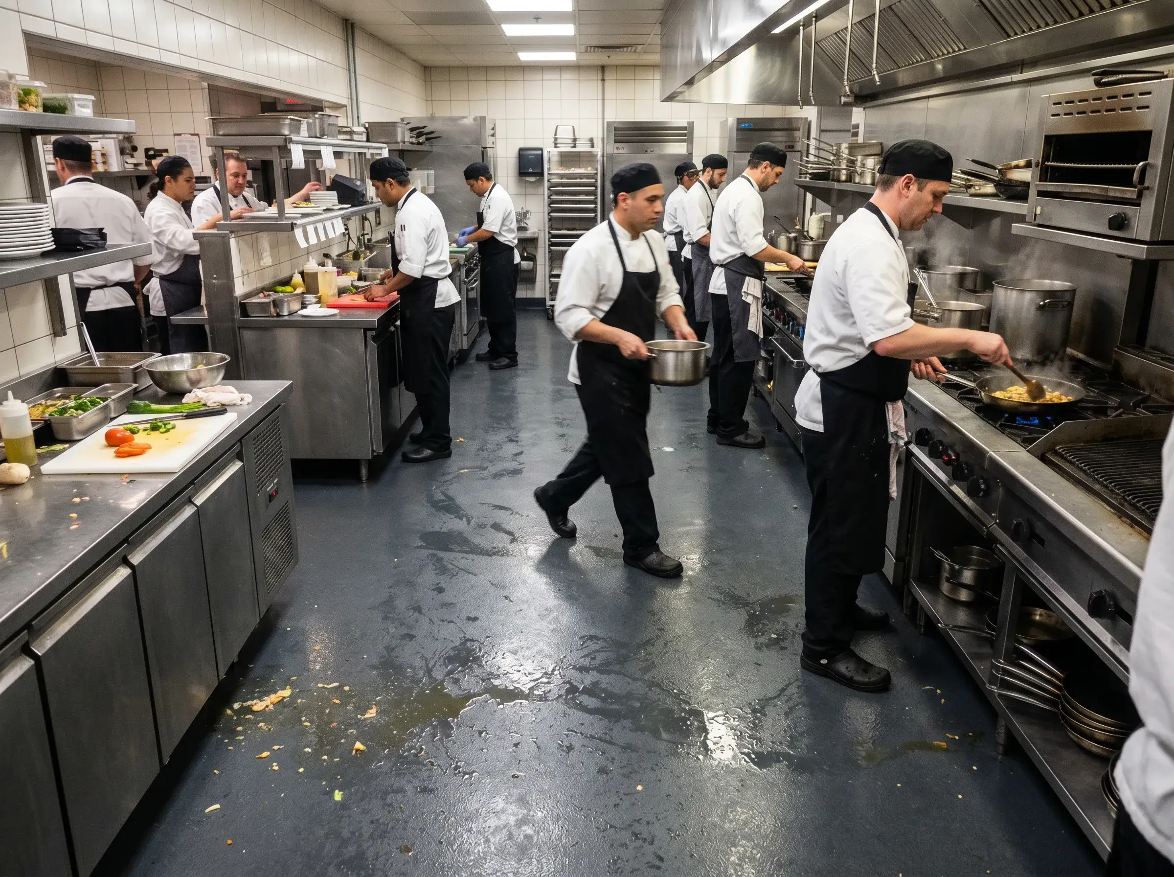Chefs work together in a lively kitchen by J&P Coatings, showing collaboration and care in food preparation.