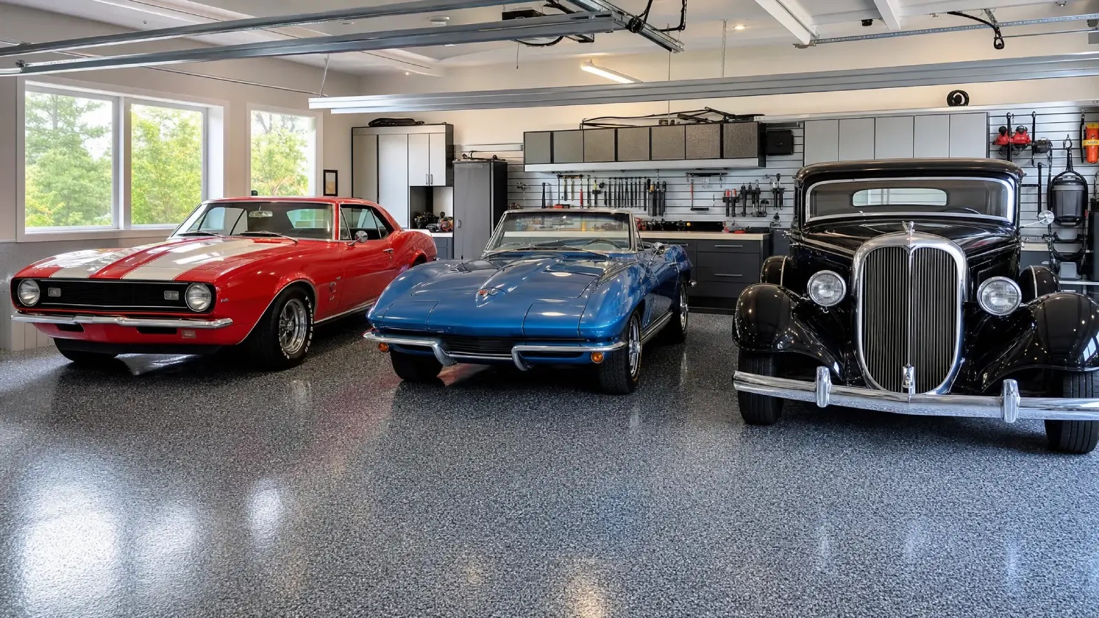 J&P Coatings provides a clean garage where classic cars are stored safely and everything looks neat and well-kept.