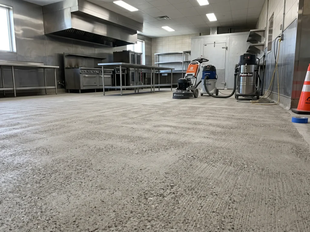 J&P Coatings cleans a commercial kitchen’s concrete floor, showing a clear focus on safety and professional standards.