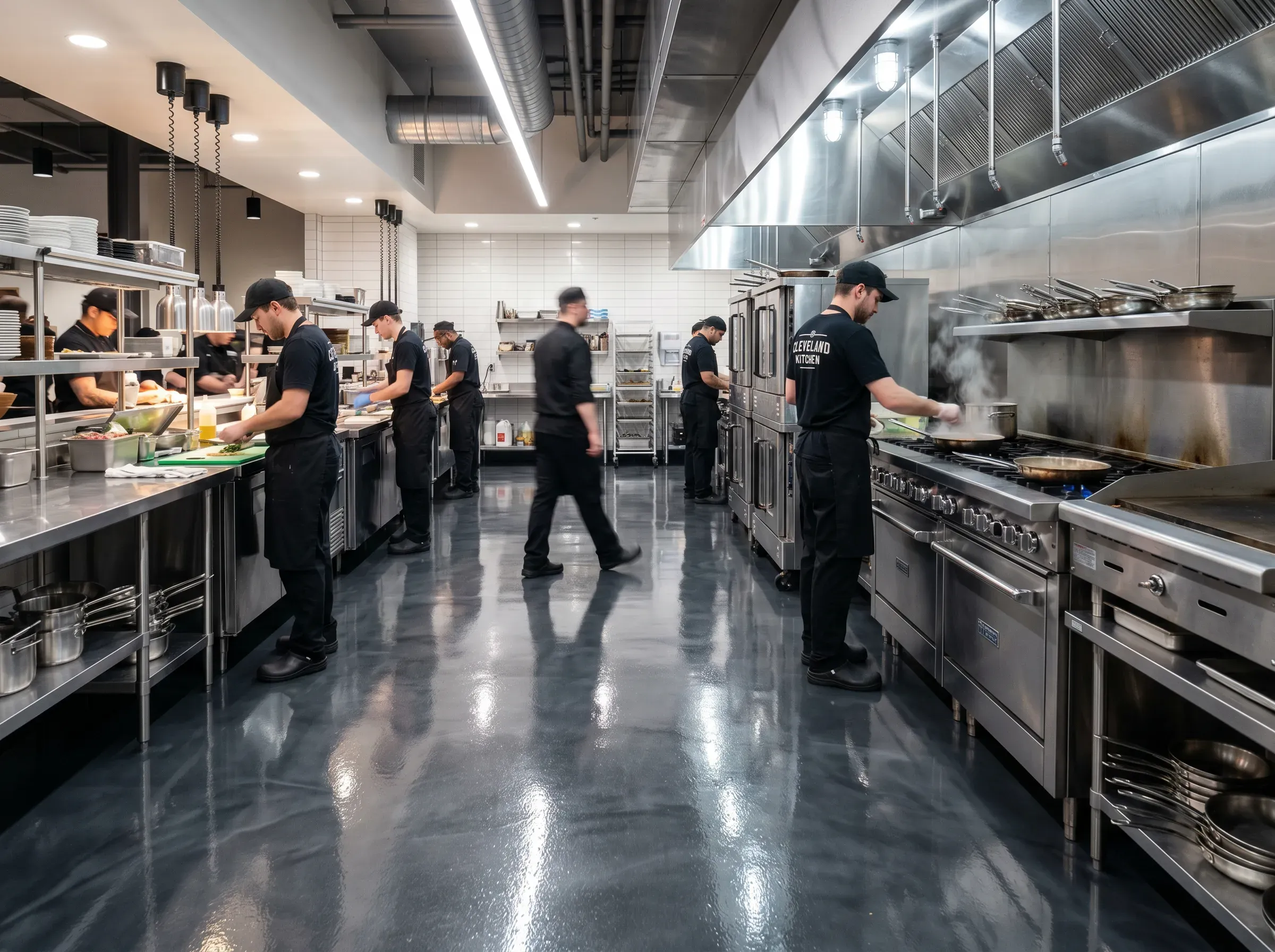 Chefs work together in a bright, clean kitchen, showing how J&P Coatings helps create safe and busy cooking spaces.