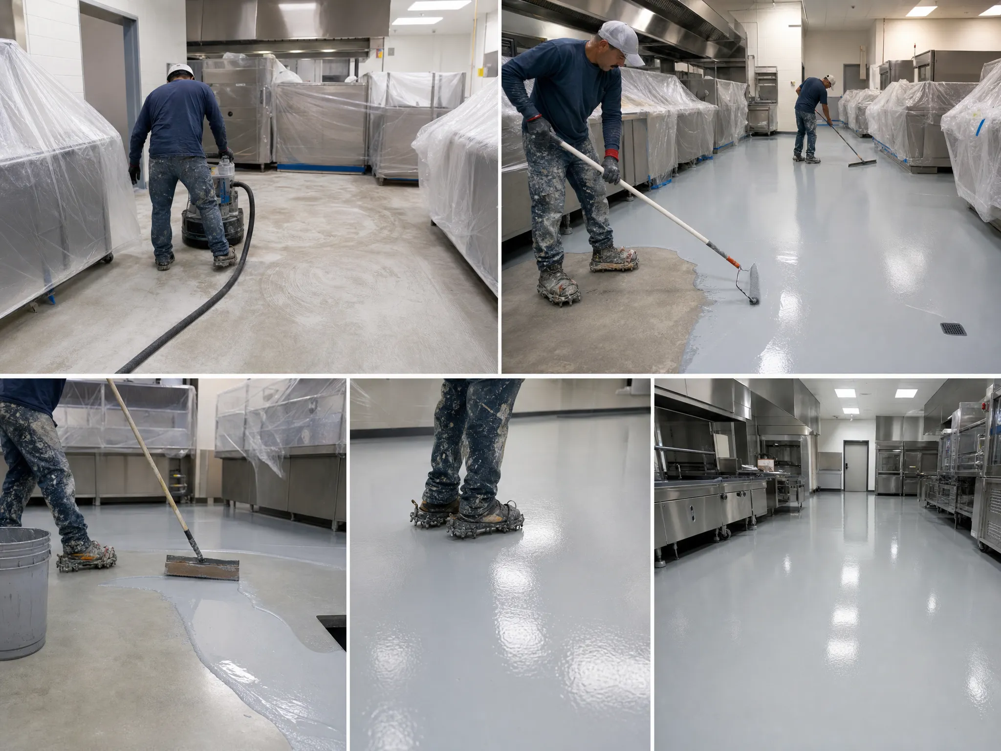 J&P Coatings team refinishes a commercial kitchen floor, showing their process from start to finish with quality results.