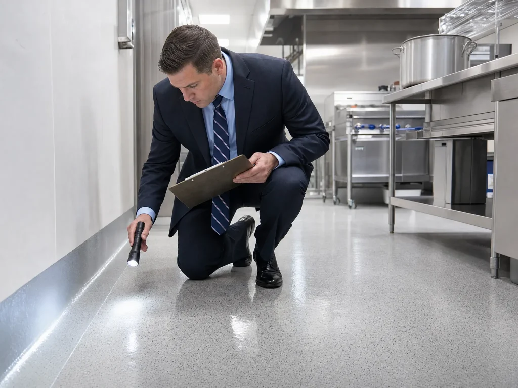 A J&P Coatings inspector checks a kitchen wall to ensure safety and cleanliness during an inspection.