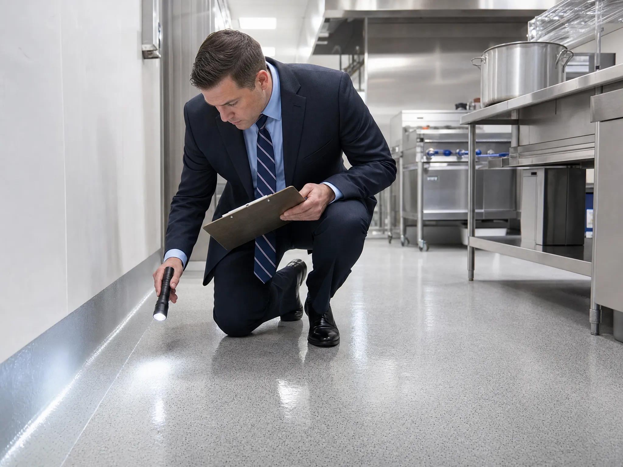 A J&P Coatings inspector checks a kitchen wall to ensure safety and cleanliness during an inspection.