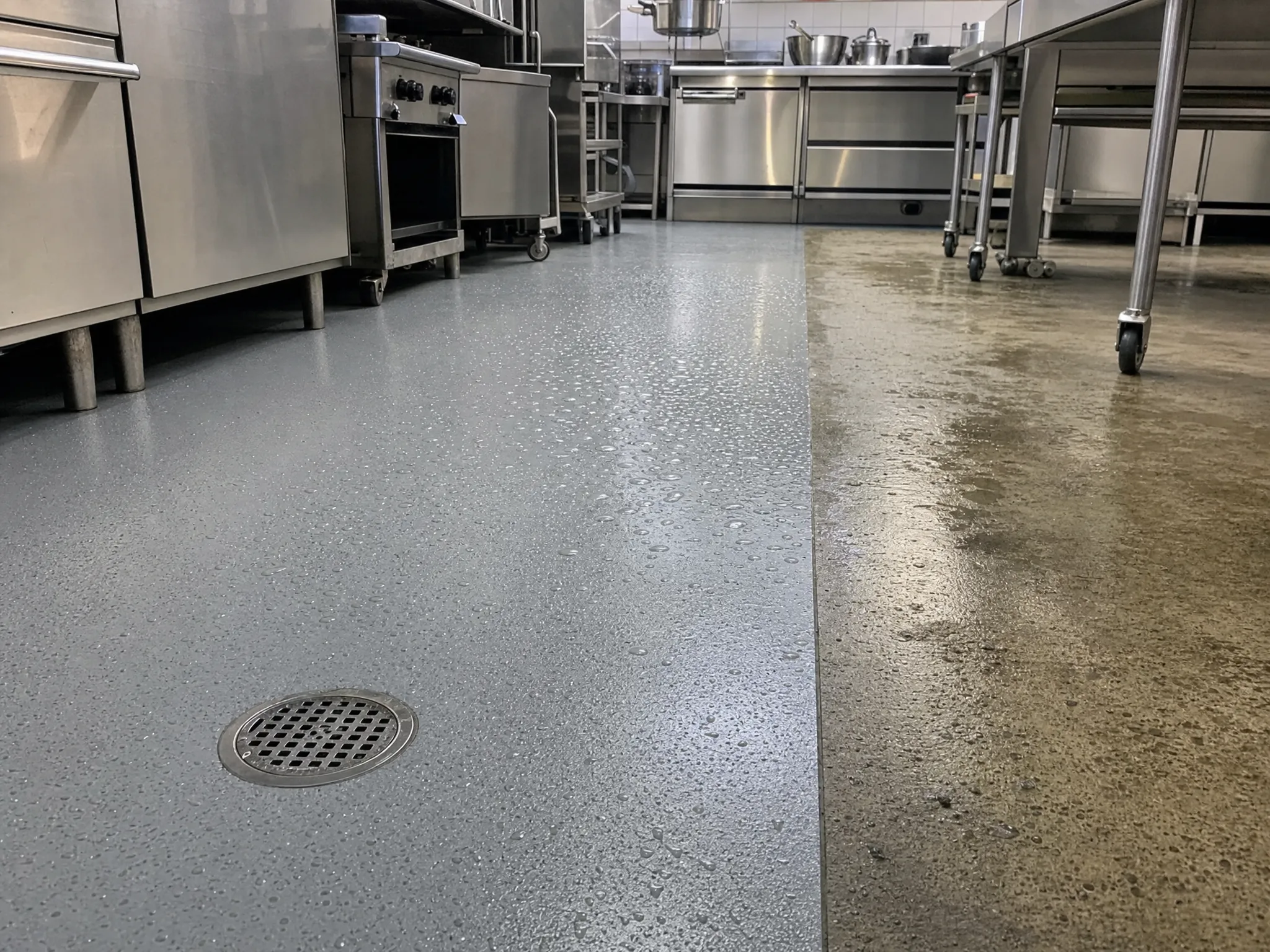 J&P Coatings shows a safe, durable kitchen floor, with smooth and rough areas designed for different cooking tasks.
