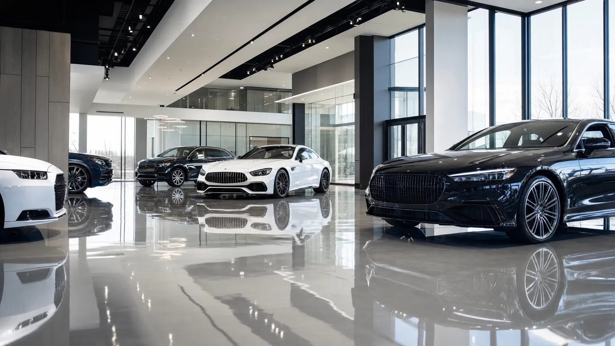 J&P Coatings’ showroom looks clean, bright, and modern, showing off luxury cars in a neat and welcoming space.