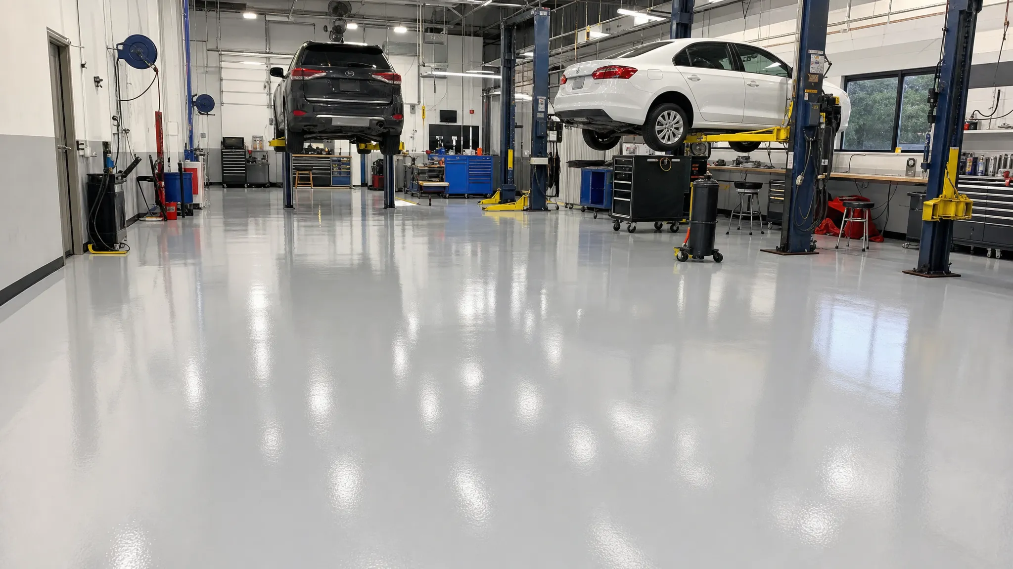 J&P Coatings shows a neat, well-kept auto shop where cars are being worked on in a safe and tidy workspace.