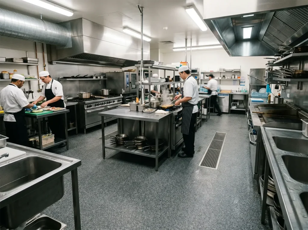 J&P Coatings supports a team of chefs working together in a clean, safe, and well-organized commercial kitchen.