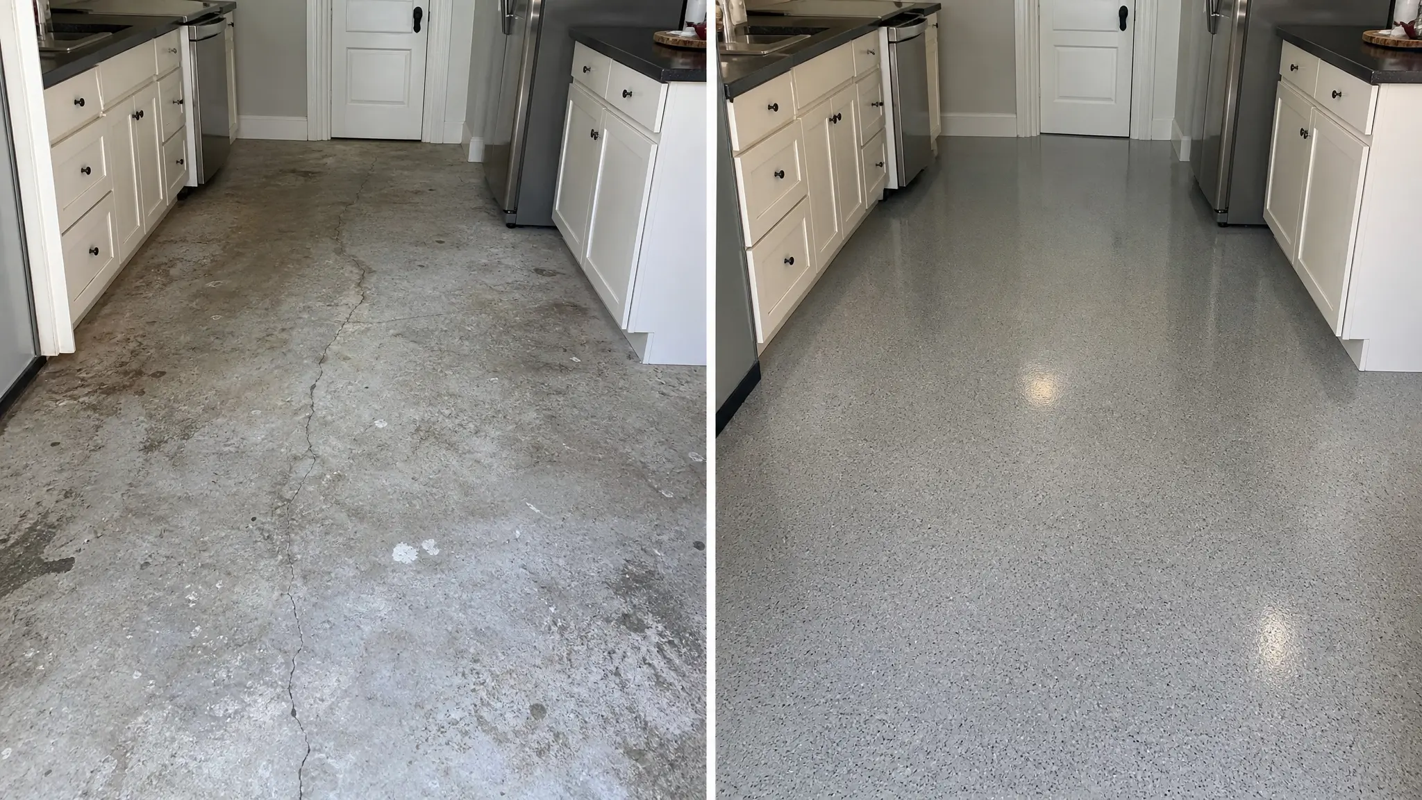 J&P Coatings shows a before-and-after of a kitchen floor, highlighting the clear change after their epoxy upgrade.