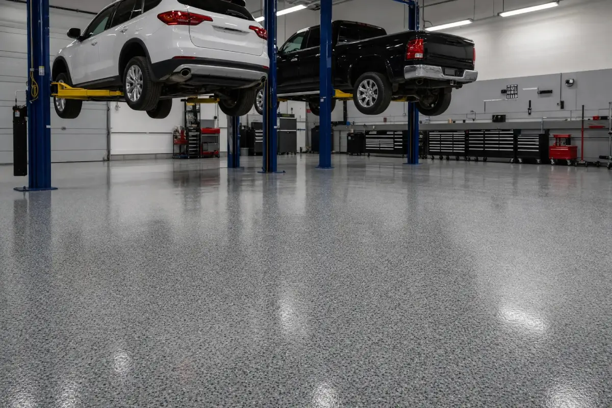 J&P Coatings shows a well-kept auto shop with epoxy floors, where two cars are being serviced in an organized workspace.