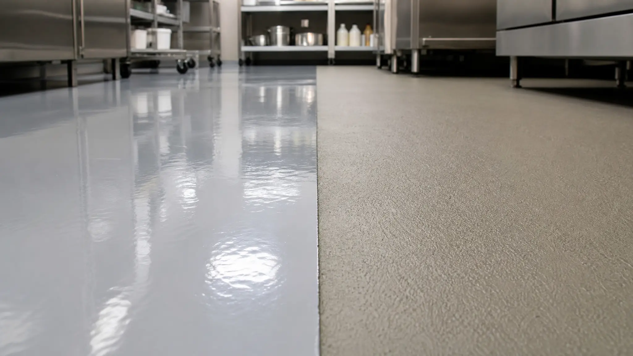 J&P Coatings shows how their floors can look shiny or less shiny, making kitchens safer and easier to clean.