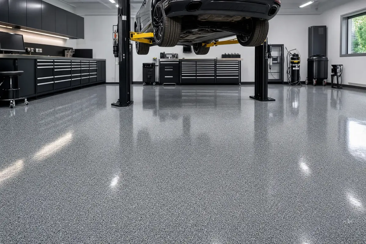 A J&P Coatings garage shows a bright, organized space with a stylish floor and storage, ready for work or parking.