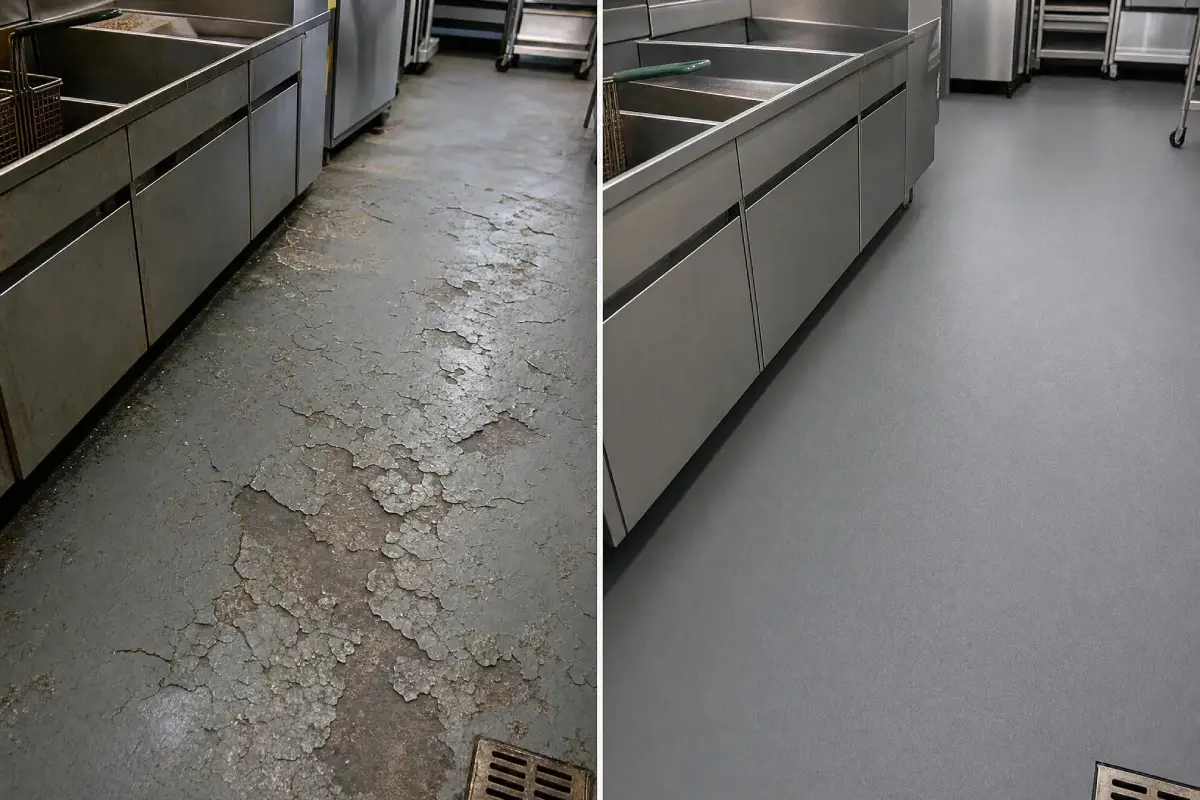 J&P Coatings shows the difference a new floor makes in a kitchen, with one side old and damaged, the other fresh and clean.