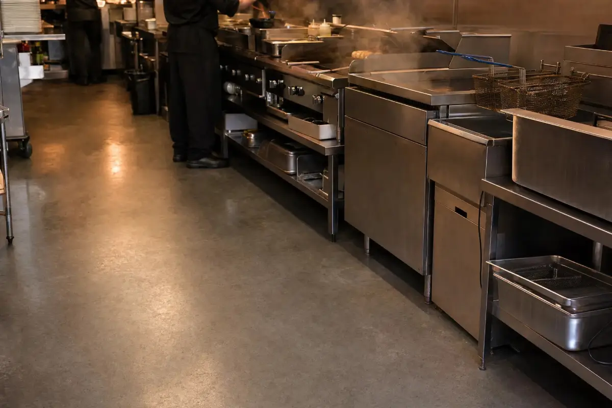 A J&P Coatings kitchen is shown as clean and safe, with staff working while steam rises from cooking in a spotless space.