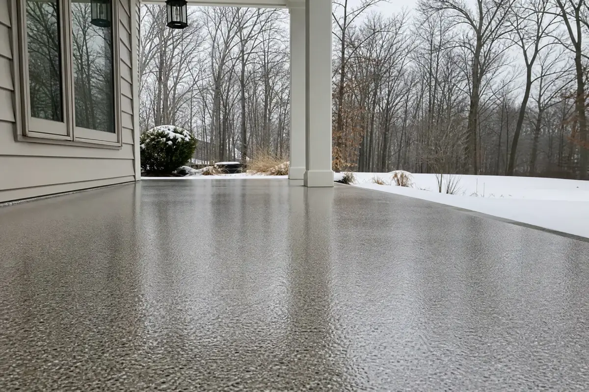 J&P Coatings shows a well-finished porch floor that looks clean and bright on a snowy, quiet winter day.