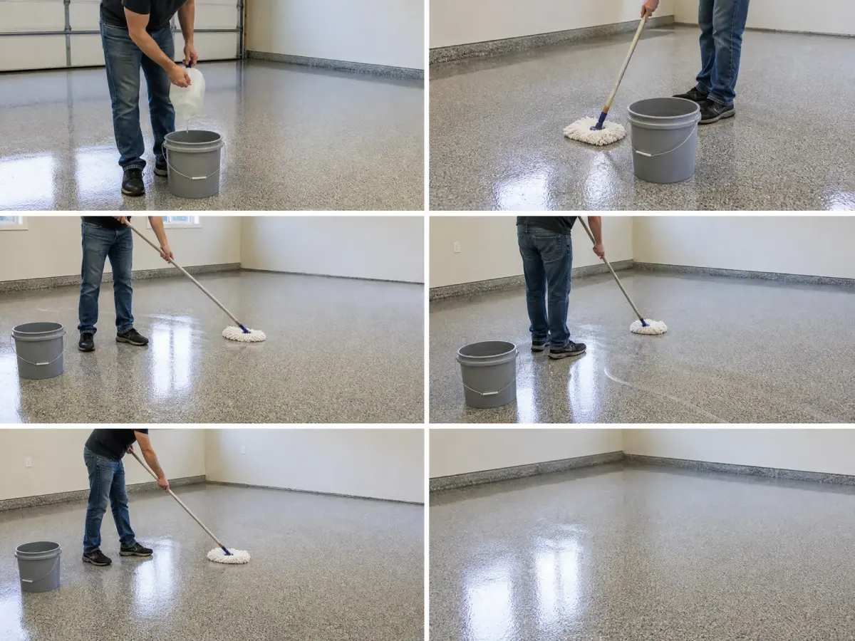 J&P Coatings cleaning process makes a garage floor look bright and spotless after mopping with their products.