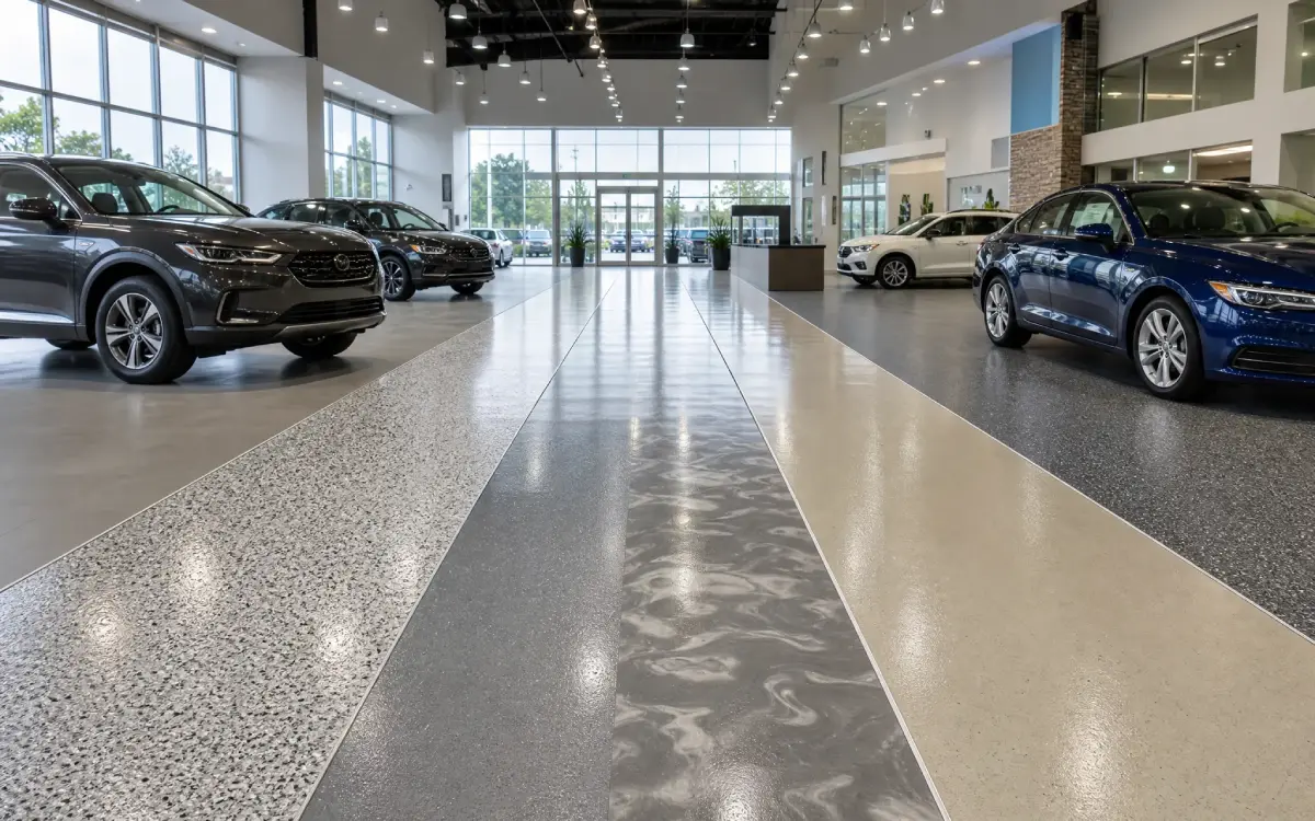 J&P Coatings showroom shows off shiny cars in a bright, open space to highlight the quality of their finishes.