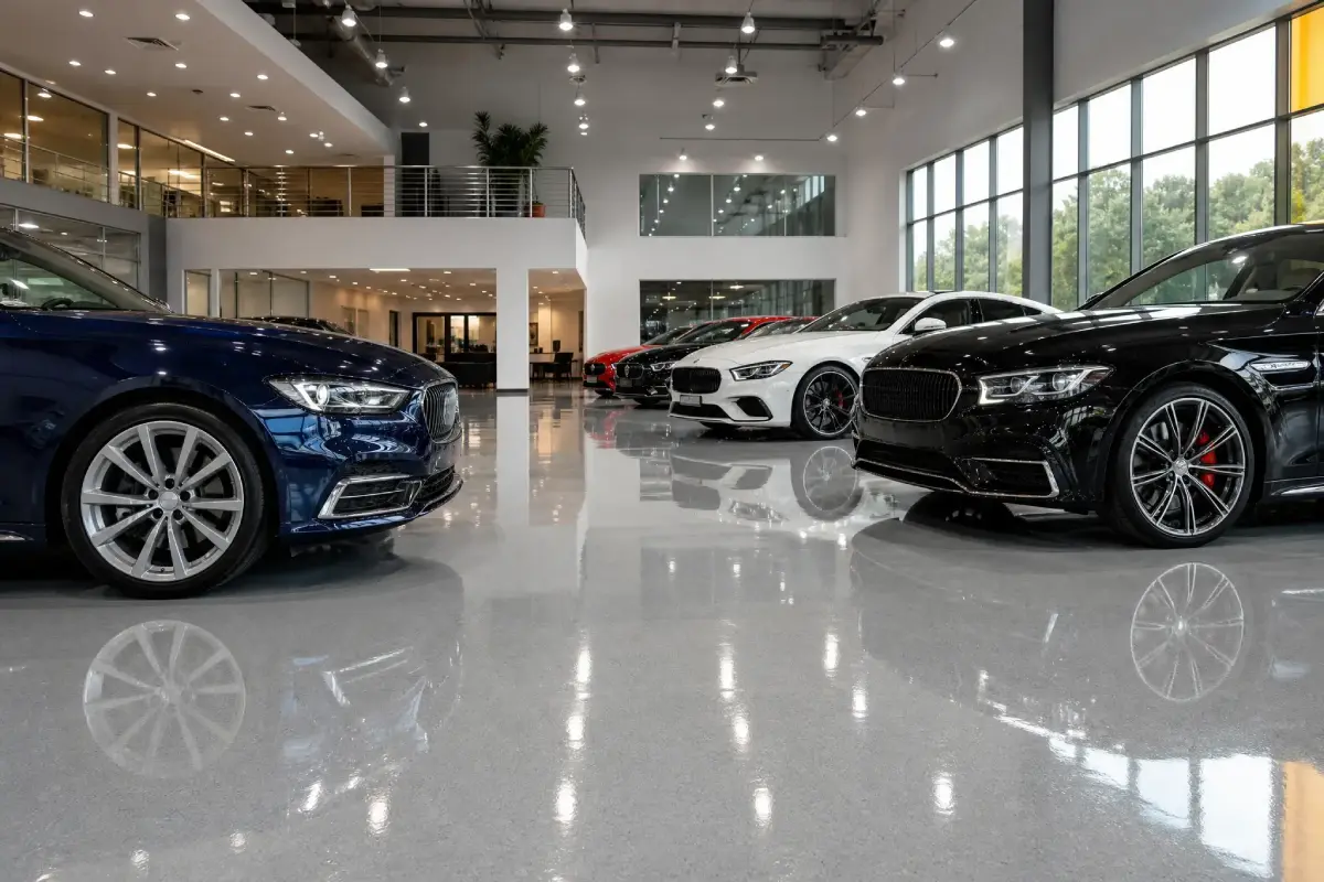 J&P Coatings car showroom displays new cars in a bright, clean space, making it easy for customers to view choices.