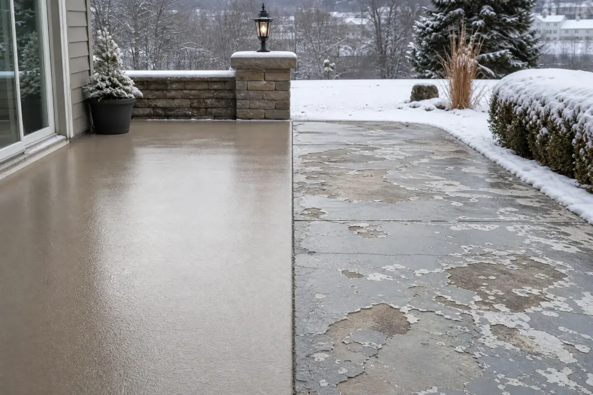 J&P Coatings patio looks clean and safe in winter, while a nearby stone path has leftover snow and looks uneven.