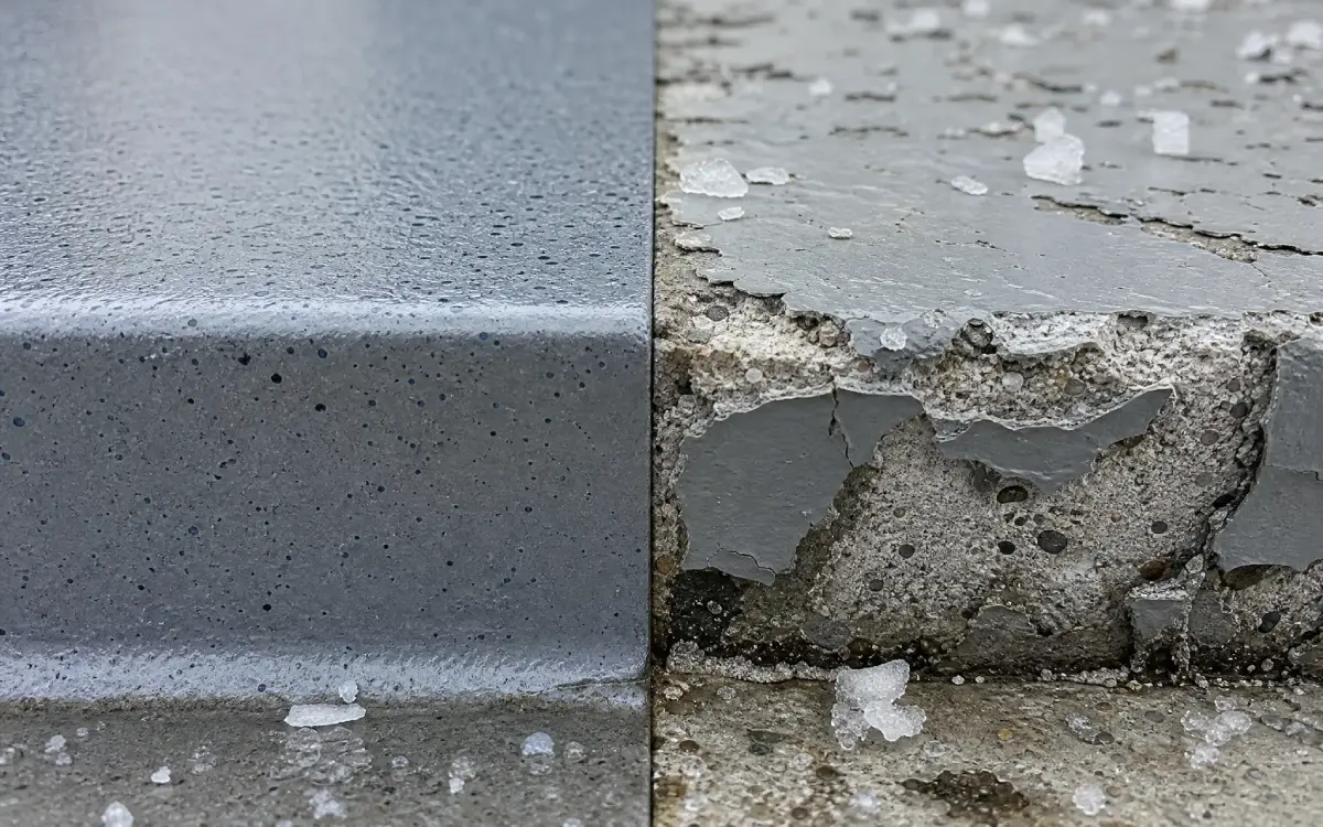 J&P Coatings shows how their product keeps concrete strong compared to damaged concrete with signs of cracking and wear.