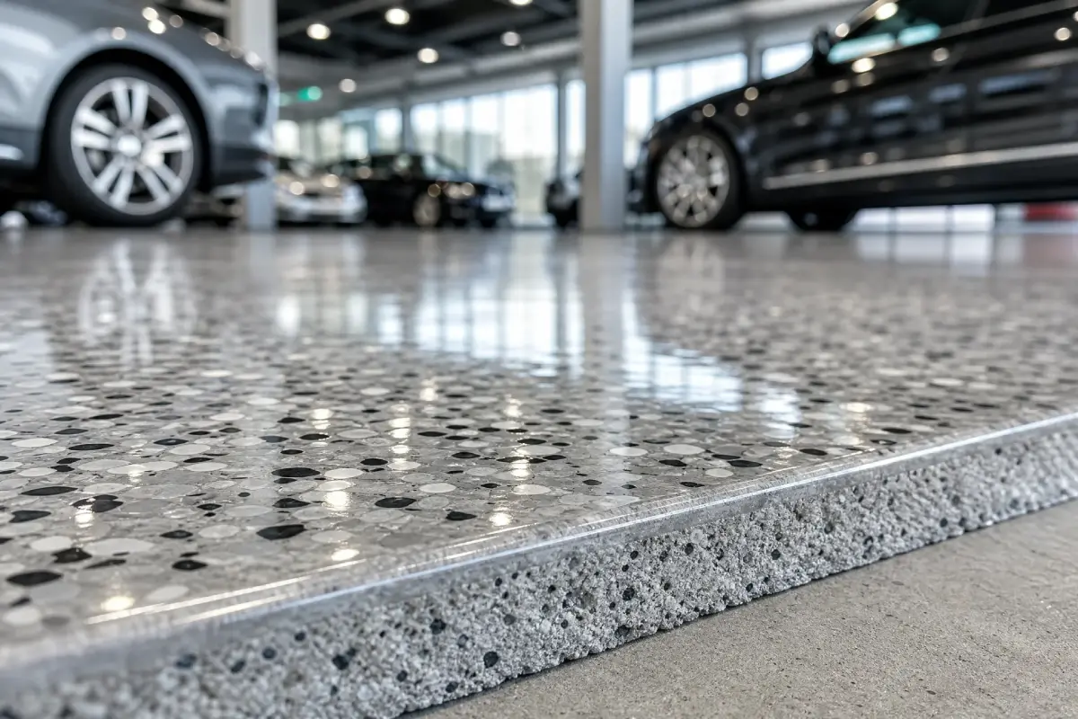 J&P Coatings showcases a shiny terrazzo floor in a bright, clean showroom with cars on display in the background.