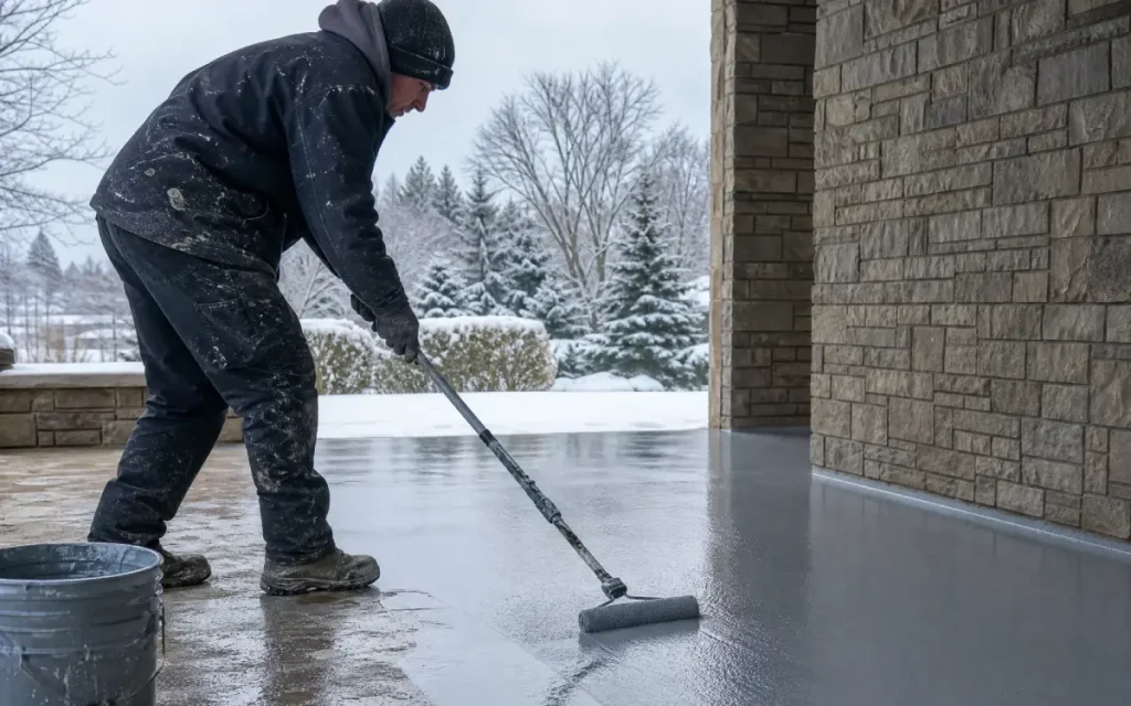 A J&P Coatings worker applies protective coating to outdoor concrete, showing care and expertise even in winter weather.