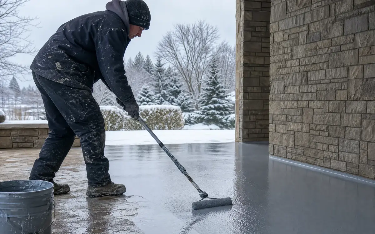 A J&P Coatings worker applies protective coating to outdoor concrete, showing care and expertise even in winter weather.