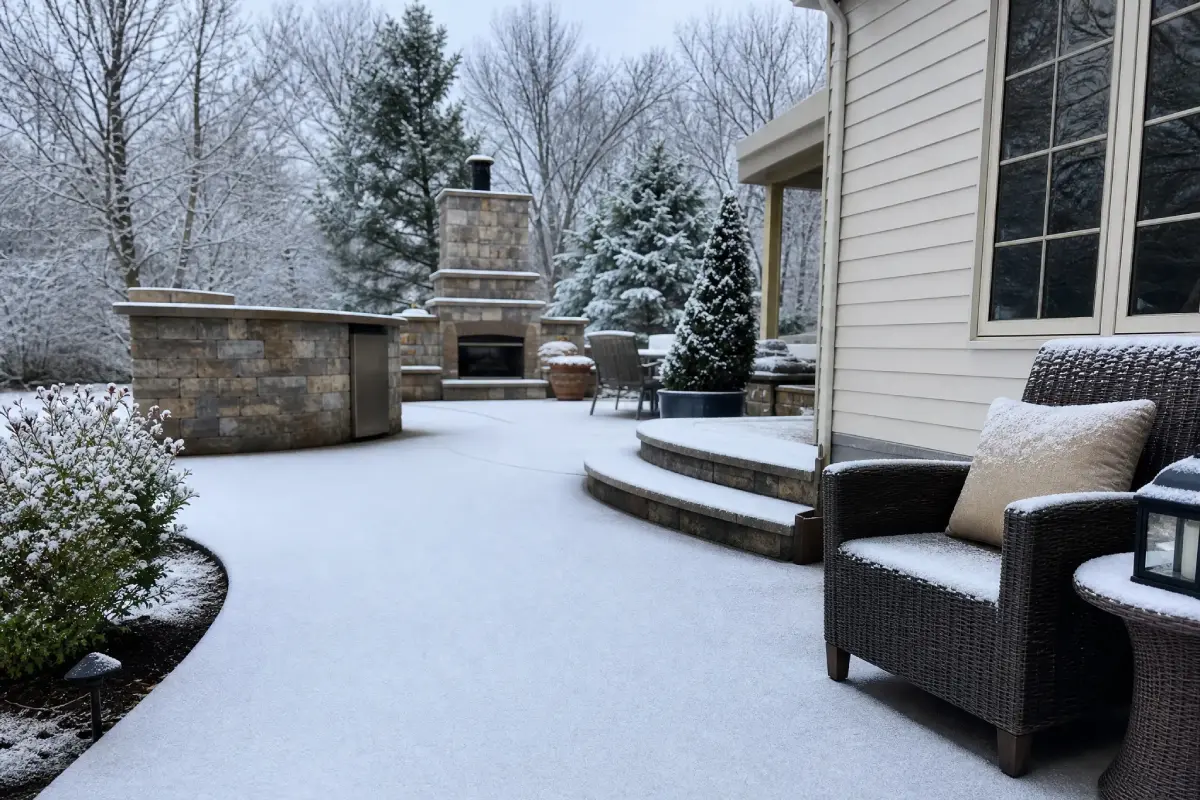 J&P Coatings creates a cozy patio by a beige house, showing outdoor living in winter with light snow.