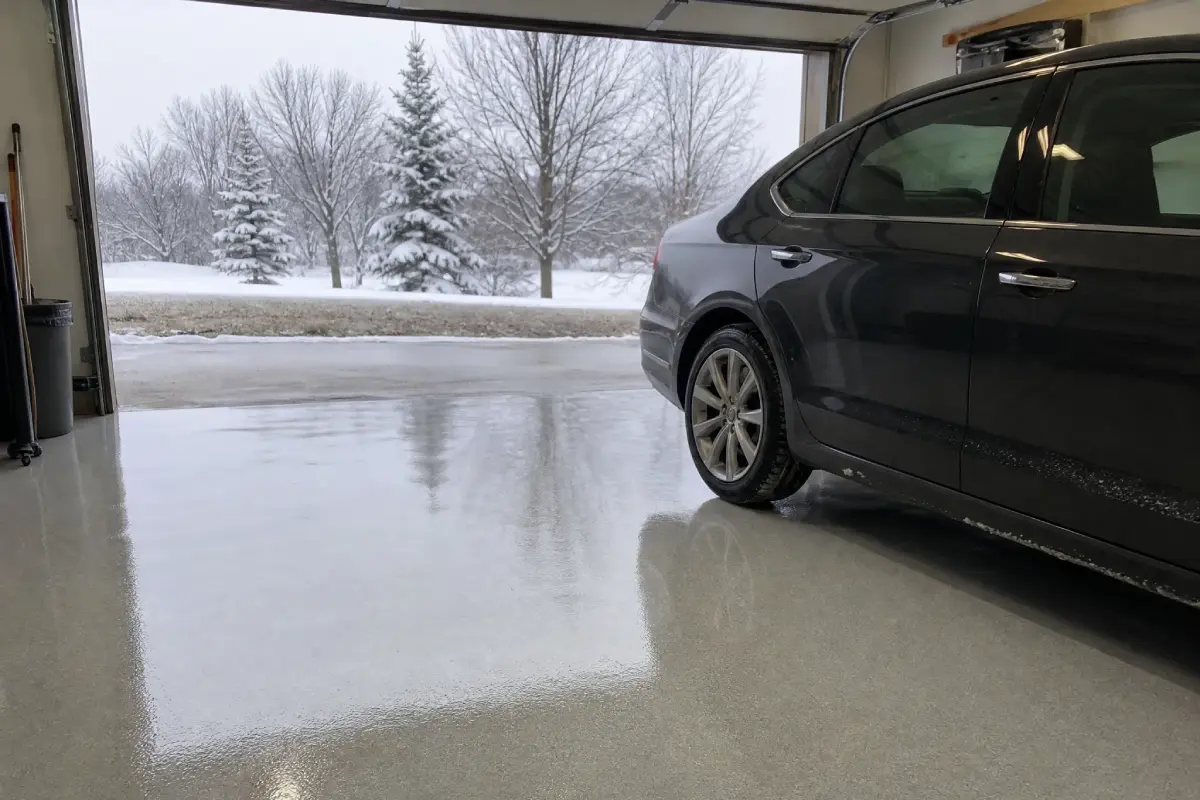 J&P Coatings shows a clean garage with a shiny floor that stands up to winter weather.