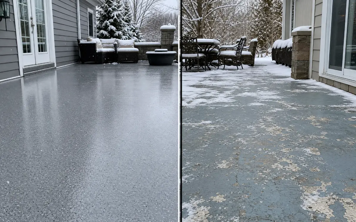 J&P Coatings shows how their patio resists winter: one side icy and slick, the other dry and safe, even with some snow.