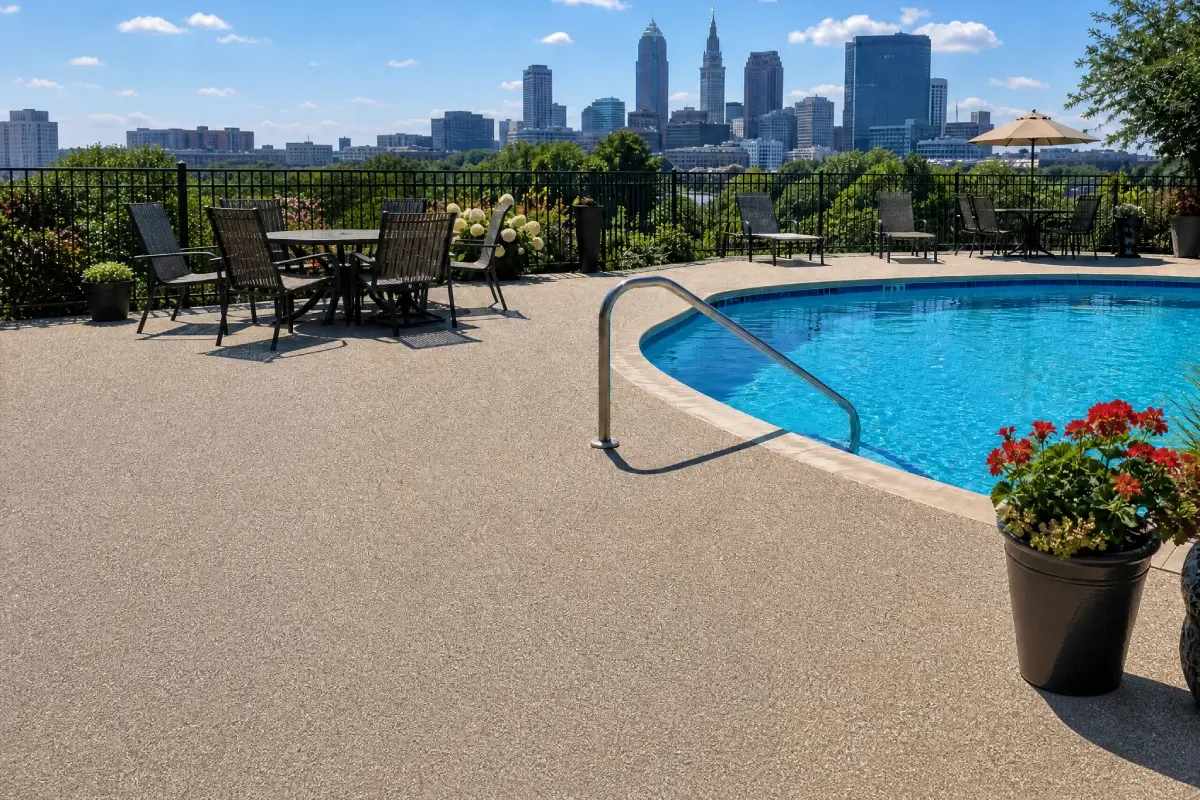 A relaxing J&P Coatings rooftop pool area showing a fun city view and a sunny place to enjoy time with friends.