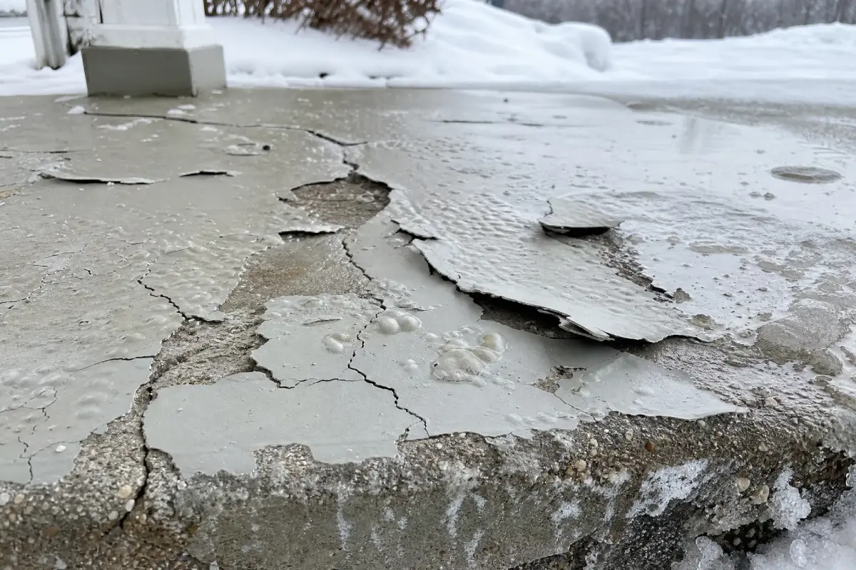 J&P Coatings shows a winter porch where old concrete is cracked and needs repair because of snow and ice.