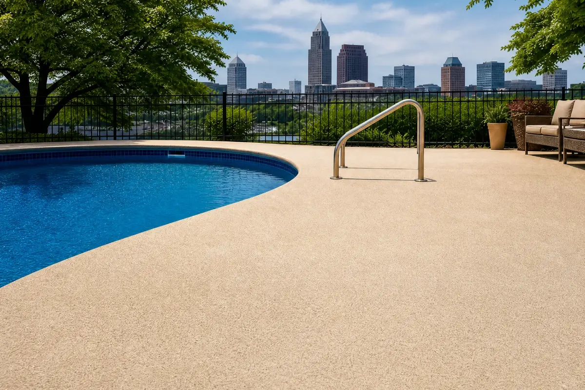 A J&P Coatings poolside shows a clean, inviting area with safe features and a city view, suggesting relaxation in the city.
