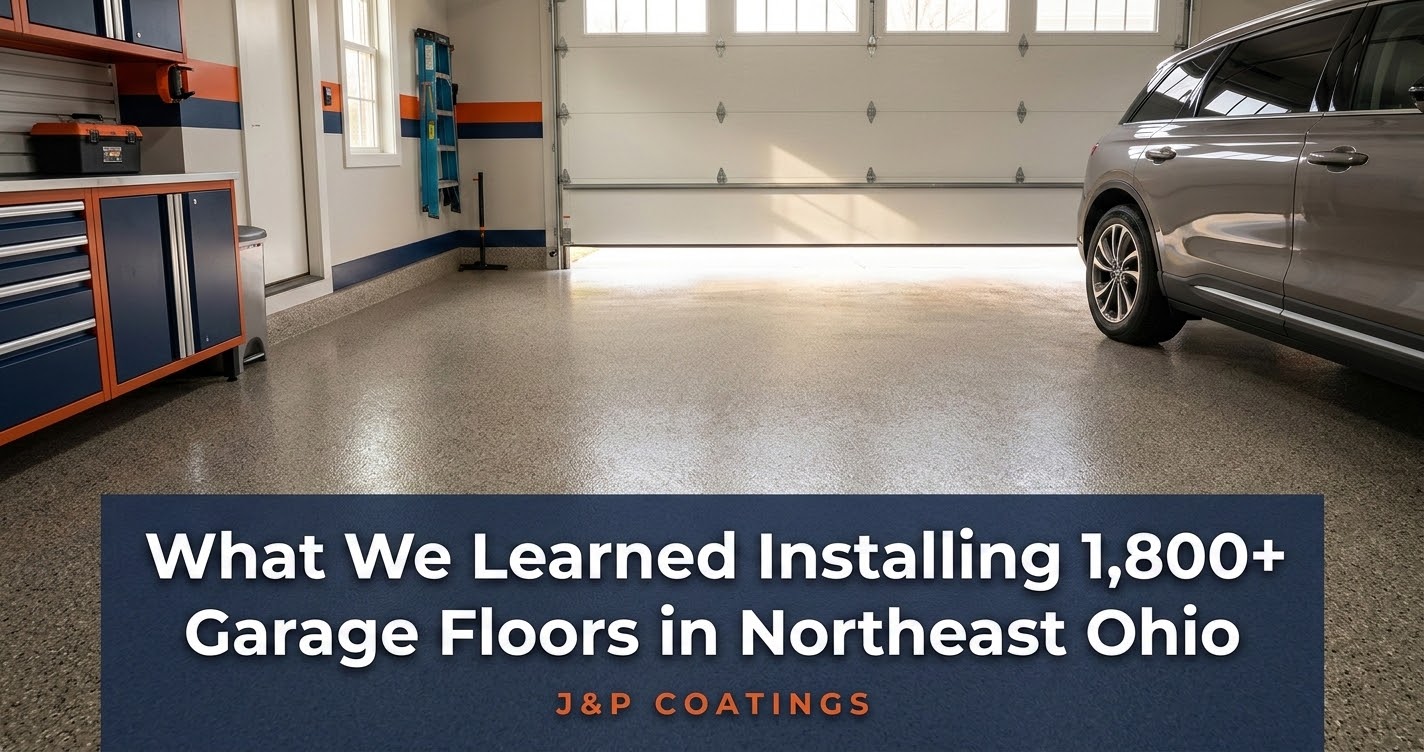 Finished polyaspartic two-car garage floor coating by J&P Coatings in Northeast Ohio